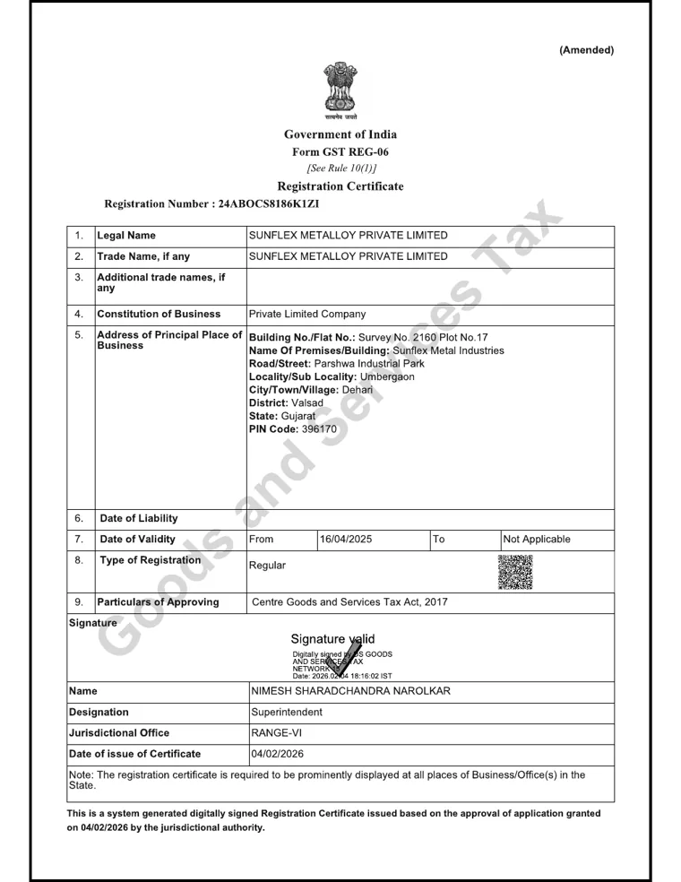 GST registration certificate of Sunflex Metalloy Private Limited
