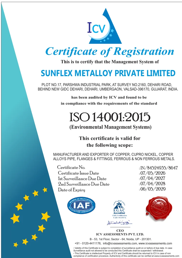 ISO 14001:2015 certificate of registration issued to Sunflex Metalloy Private Limited by ICV Assessments