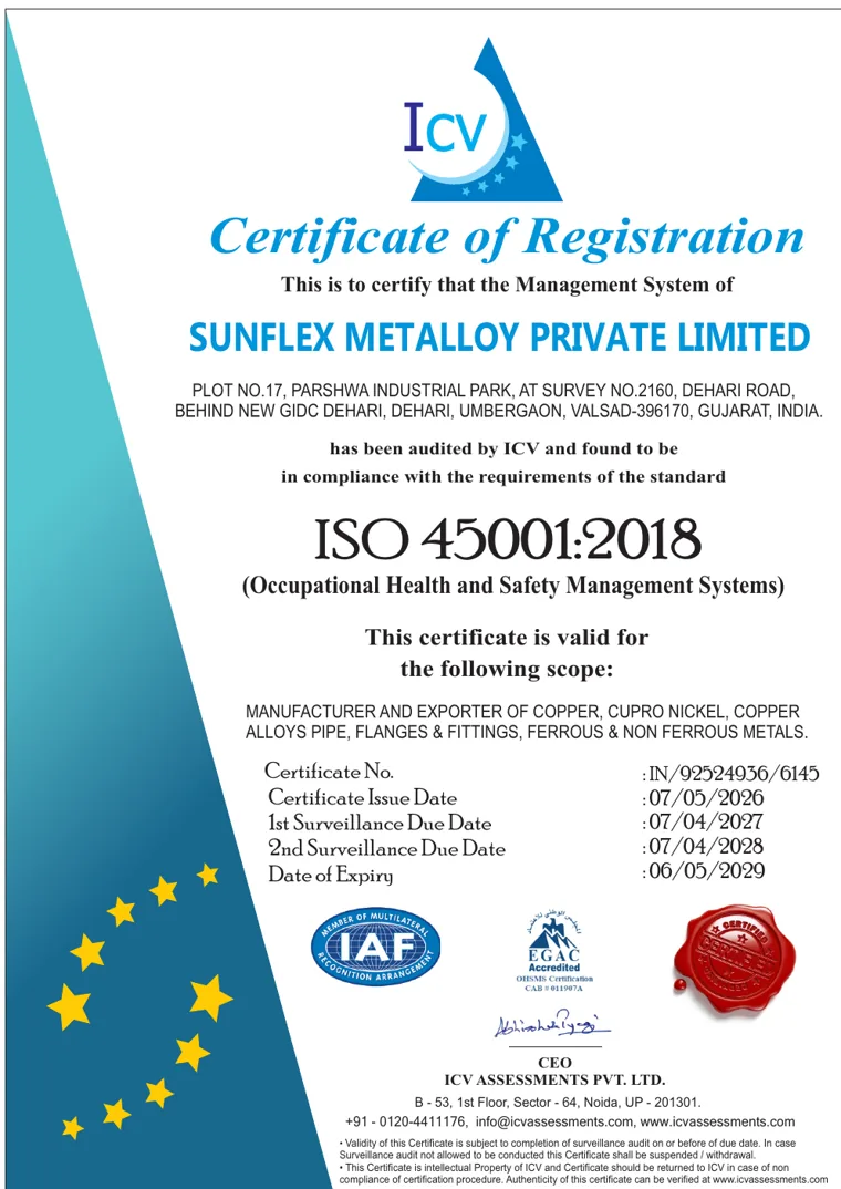ISO 45001:2018 certificate of registration issued to Sunflex Metalloy Private Limited by ICV Assessments