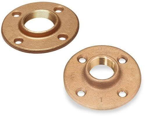 Pair of bronze threaded flanges with raised faces and four bolt holes